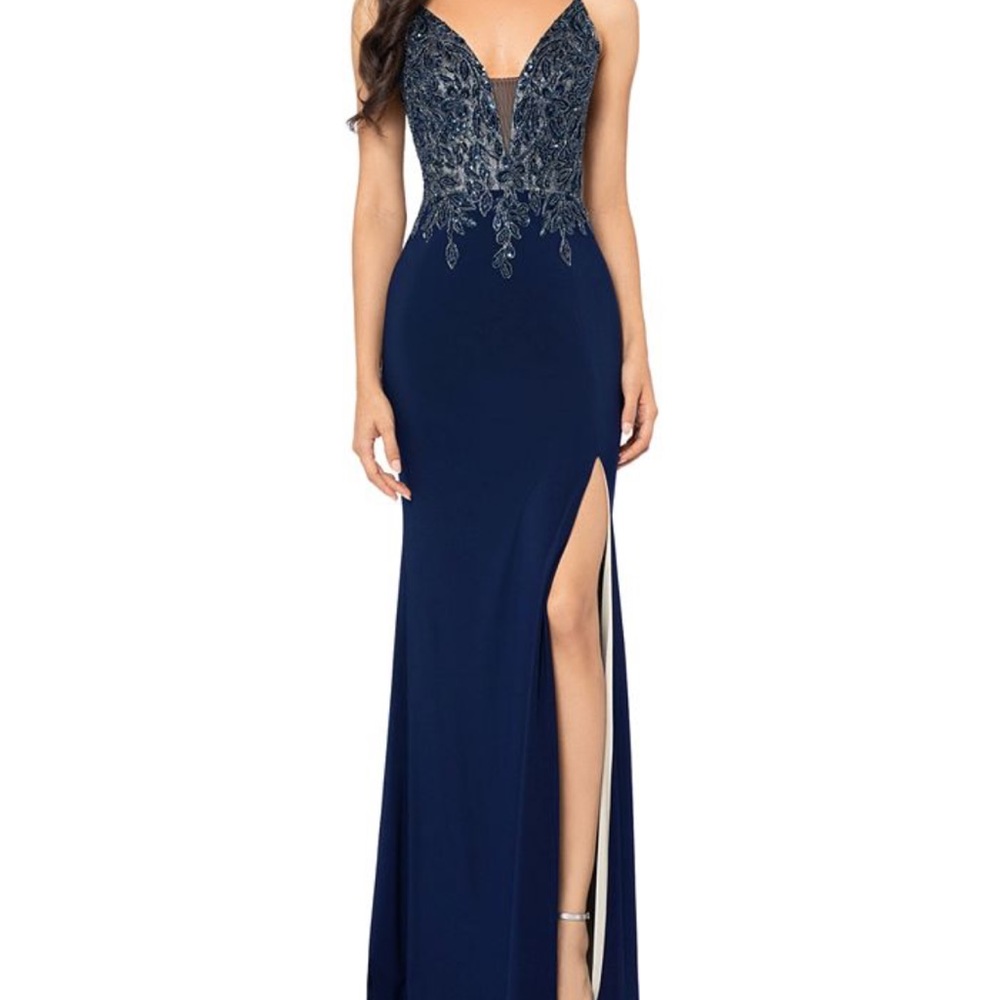 Xscape Navy Blue Beaded V-Neck Embroidery Gown